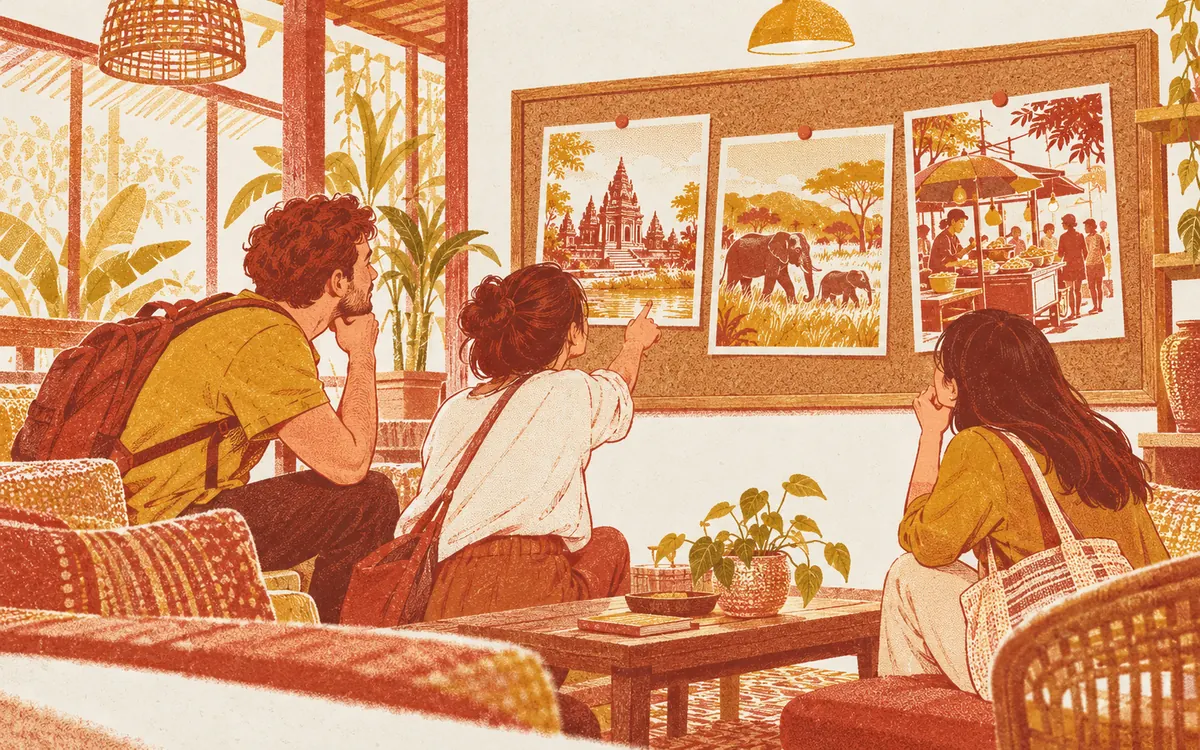 Illustration of three travellers in a guesthouse lounge studying postcards on a cork board, showing a temple, wildlife and a street-food stall.