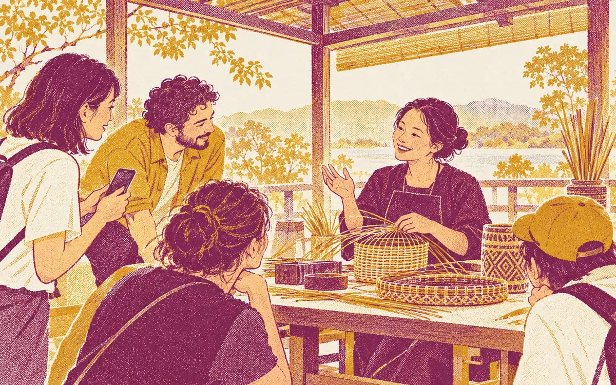 Illustration of an artisan weaving baskets under a shaded pavilion, raising a hand and smiling as she explains something while visitors watch and one holds a phone.