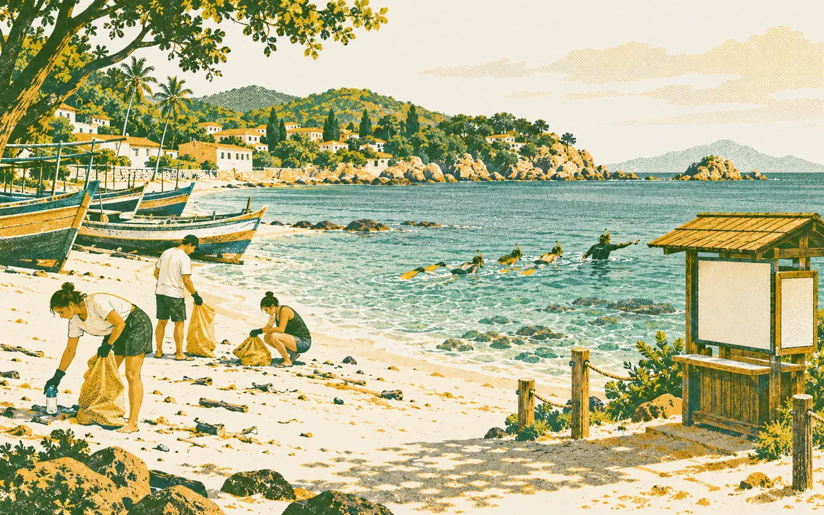 Illustration of residents collecting litter on a sandy beach while snorkellers follow a guide in the bay, with wooden fishing boats and a blank information board beside the path.