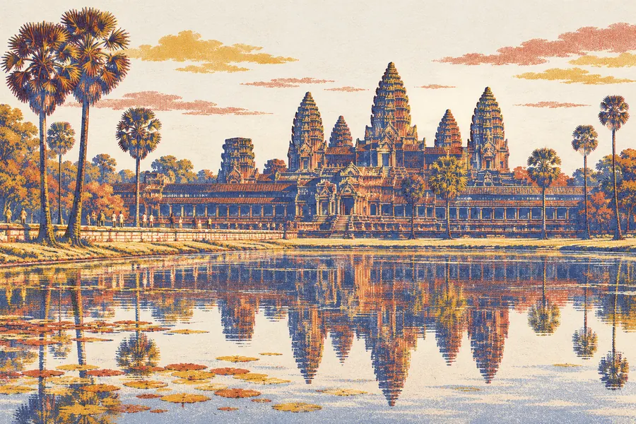 Illustration of Angkor Wat reflected in its pool.