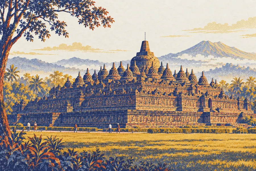 Illustration of Borobudur Temple in Central Java.