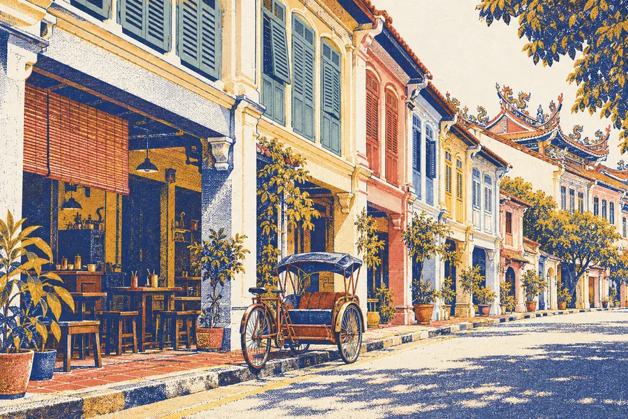 Illustration of a George Town street of pastel heritage shophouses with a trishaw parked outside a café.