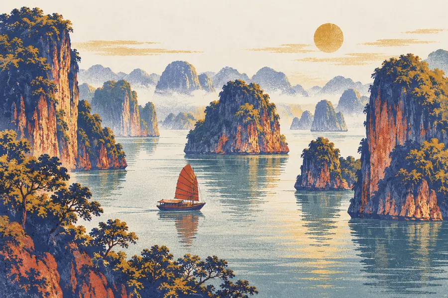 Illustration of limestone islands in Ha Long Bay.