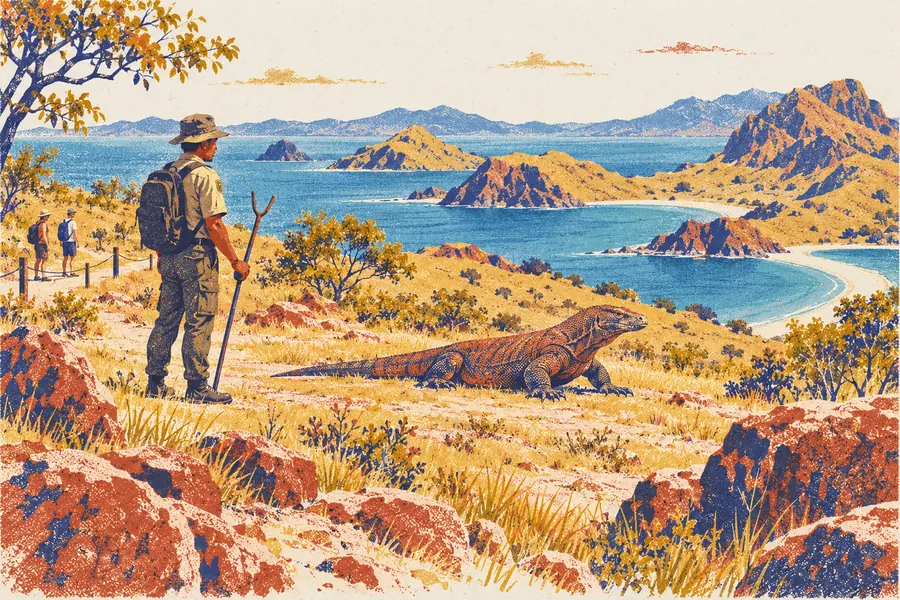 Illustration of a ranger watching a Komodo dragon on a dry hillside above island bays.