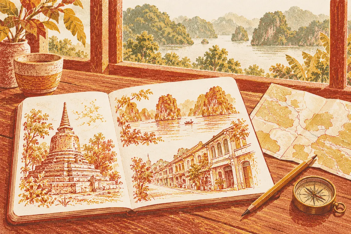 Illustration of an open sketchbook with drawings of a stone stupa, a limestone bay and a street of heritage shophouses, beside a map and a brass compass.
