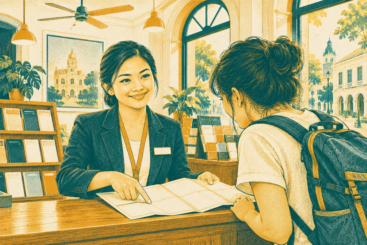 Illustration of a tourism officer at a wooden counter in a heritage information centre, pointing to a map for a visitor with a backpack.