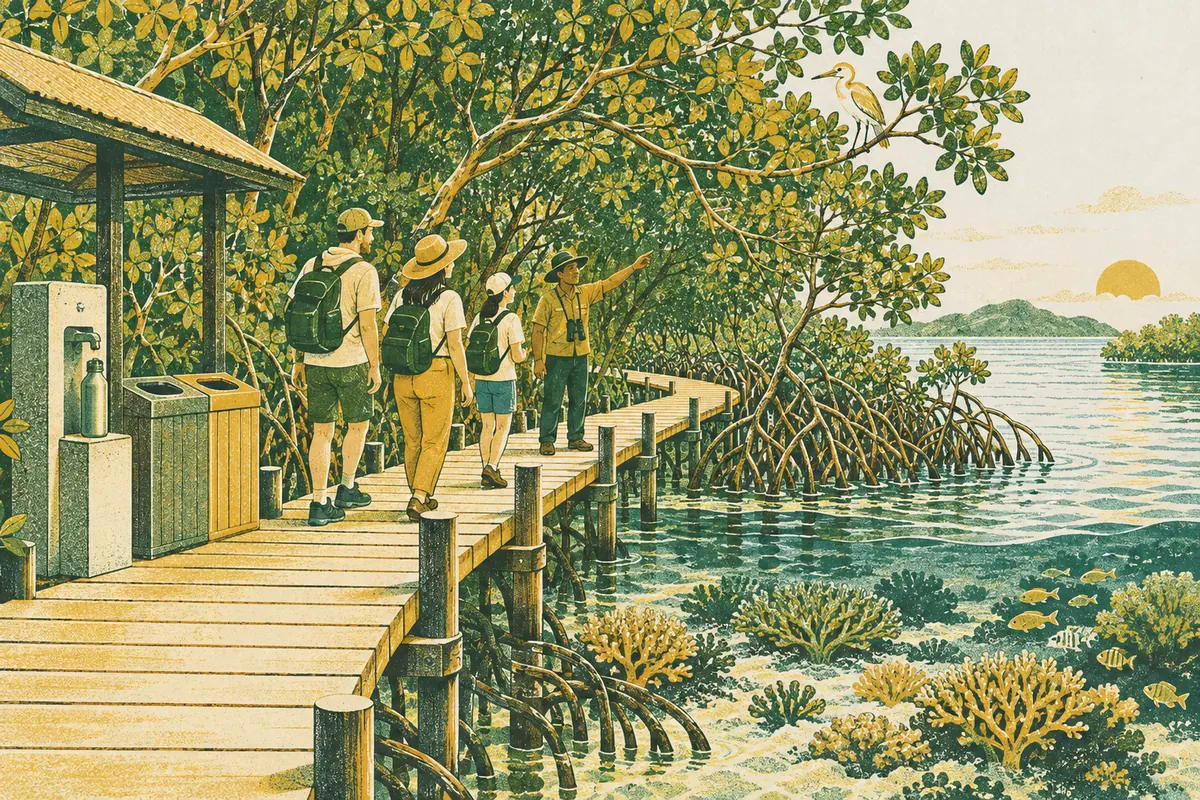 Illustration of a guide pointing out a heron to three visitors on a boardwalk through mangroves, with a water refill station and sorting bins beside the path and coral visible in the clear water below.